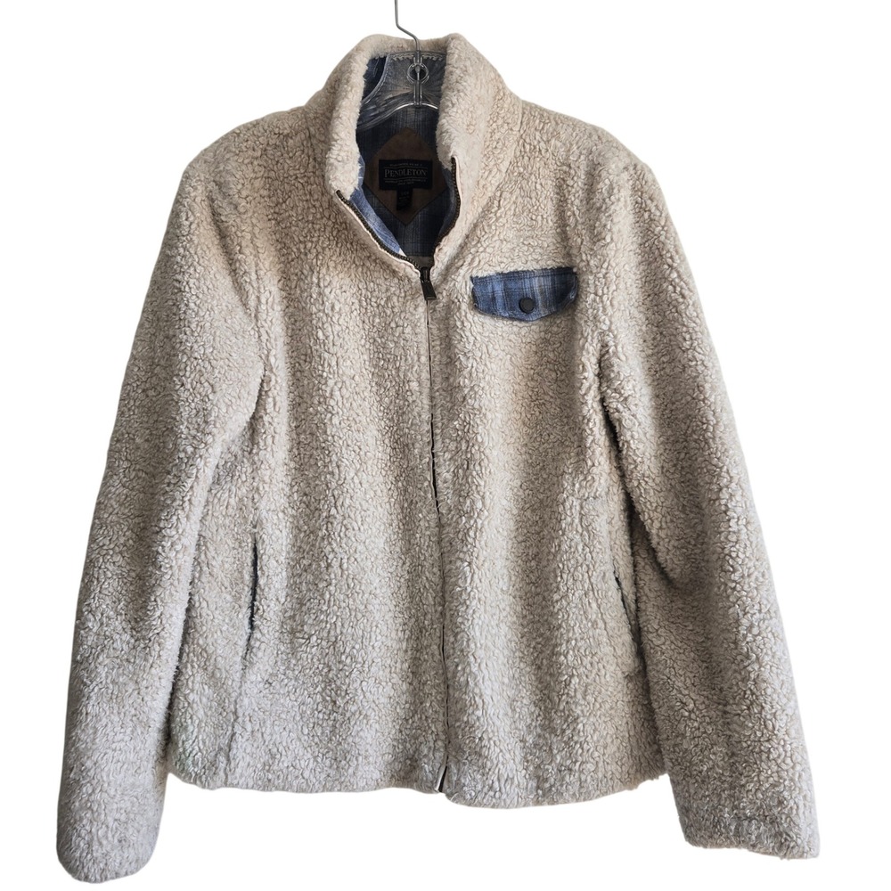 Pendleton Small Fleece Jacket Mens Cream Excellent Sherpa Plaid Pocket P1558